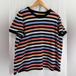 Woman Within Black Multi-Striped Crew Neck Top